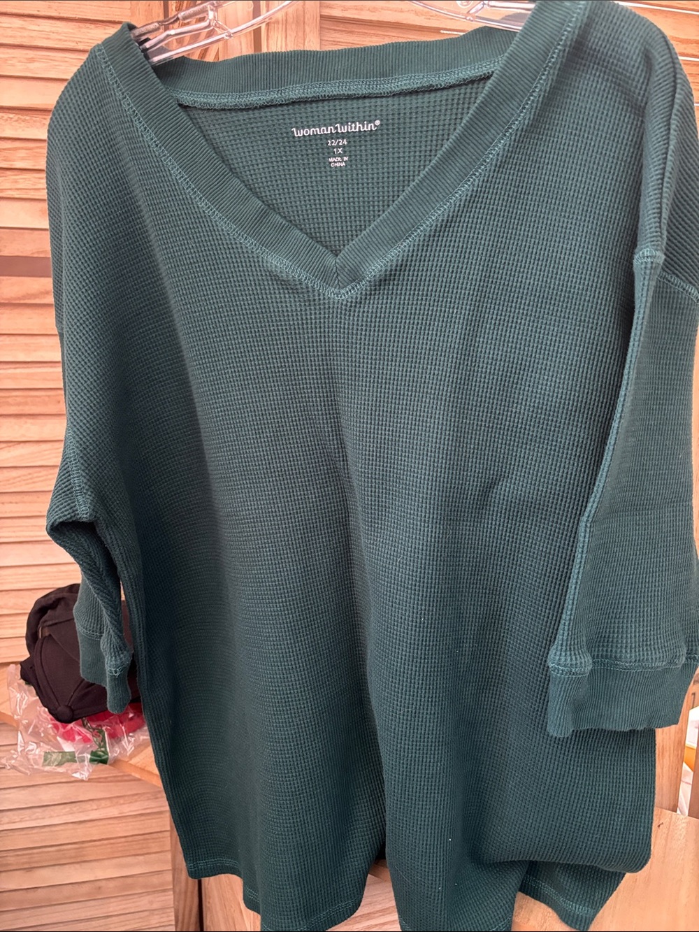 Woman Within Forest Green Waffle V-Neck Pullover 1X